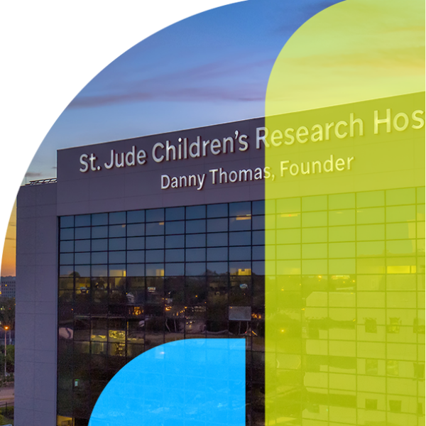 St. Jude Children's Hospital image with blue and green colored bar overlays