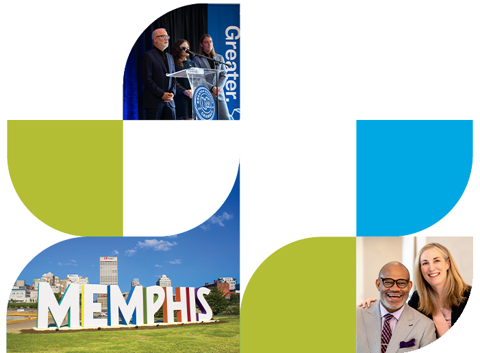 Mosaic of shapes and photos with Memphis and chamber imagery