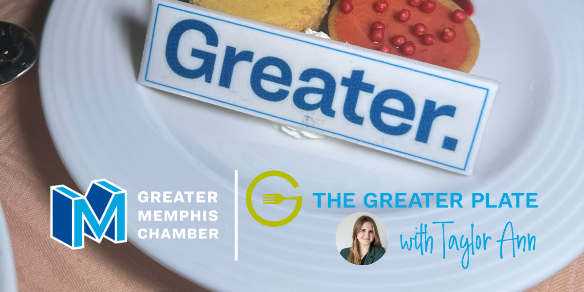 In celebration of the Annual Chairman's Luncheon, a plate with a dessert labeled "Greater," alongside logos for the Greater Memphis Chamber and The Greater Plate